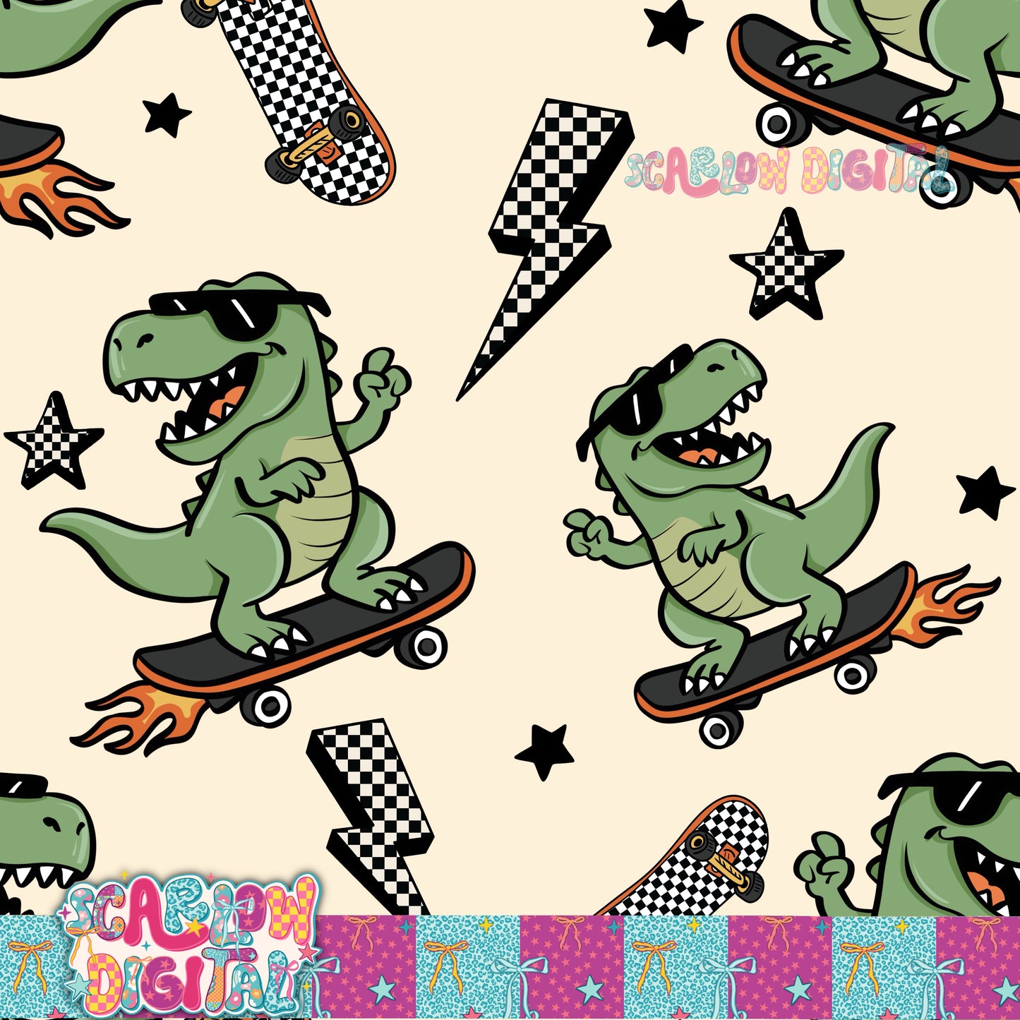 Skating Dinosaur Seamless Pattern Digital Design
