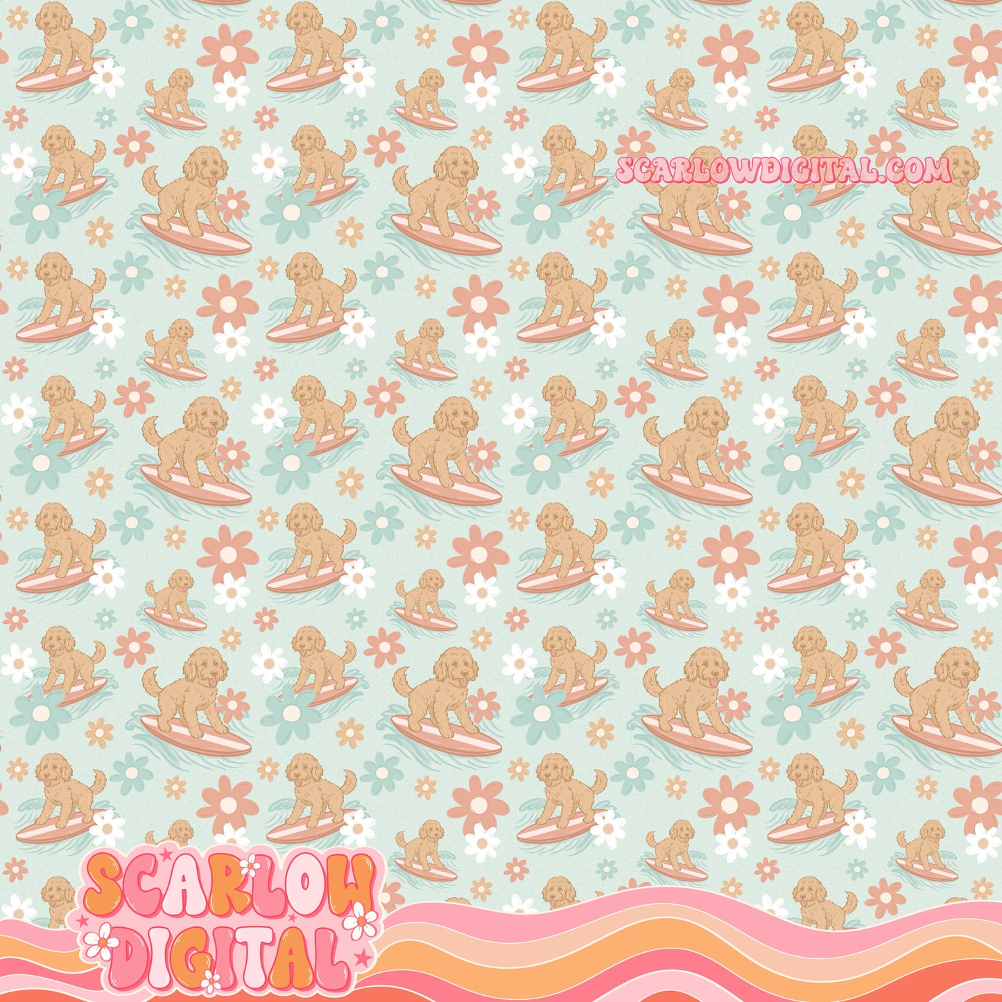 Surfing Dogs Seamless Pattern Digital Design