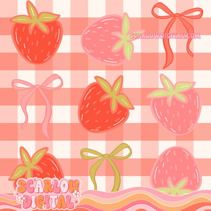 Strawberries and Bows with Plaid Seamless Pattern Digital Design
