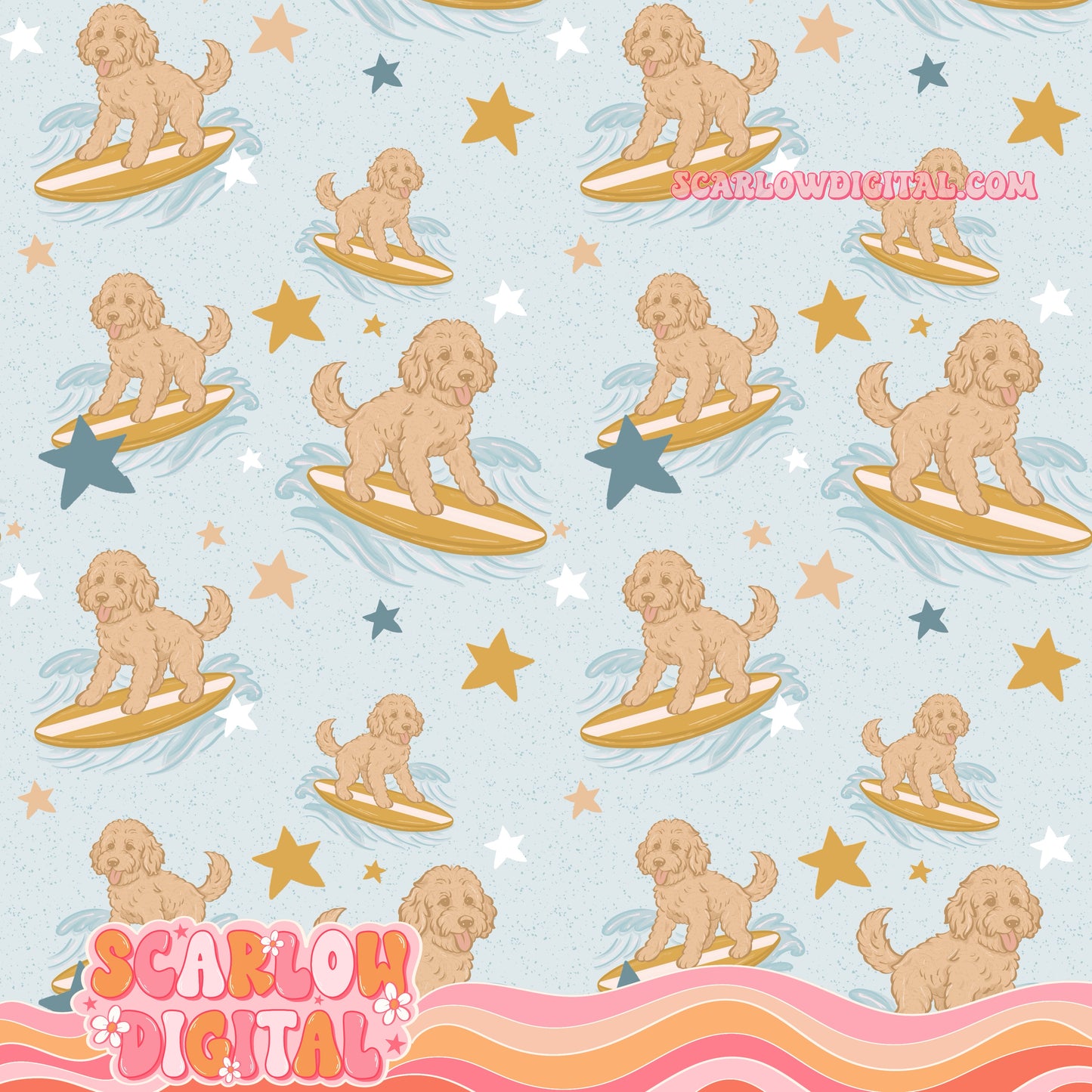 Surfing Dogs Seamless Pattern Digital Design