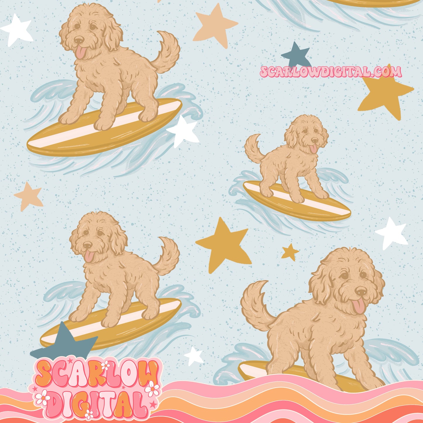Surfing Dogs Seamless Pattern Digital Design