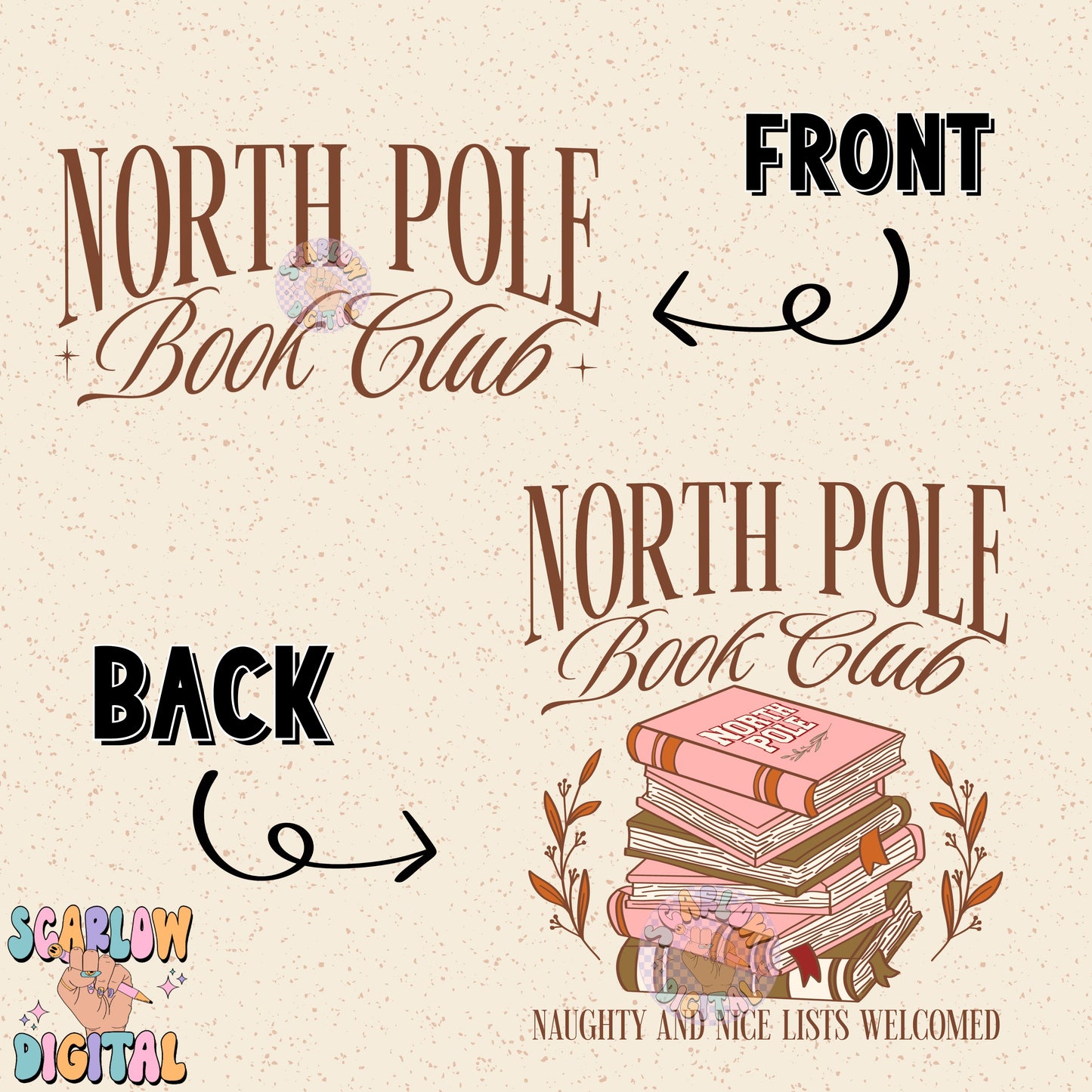 North Pole Book Club Front and Back PNG Digital Design Download, christmas png, reading png, book lover png, trendy christmas designs, whimsical christmas