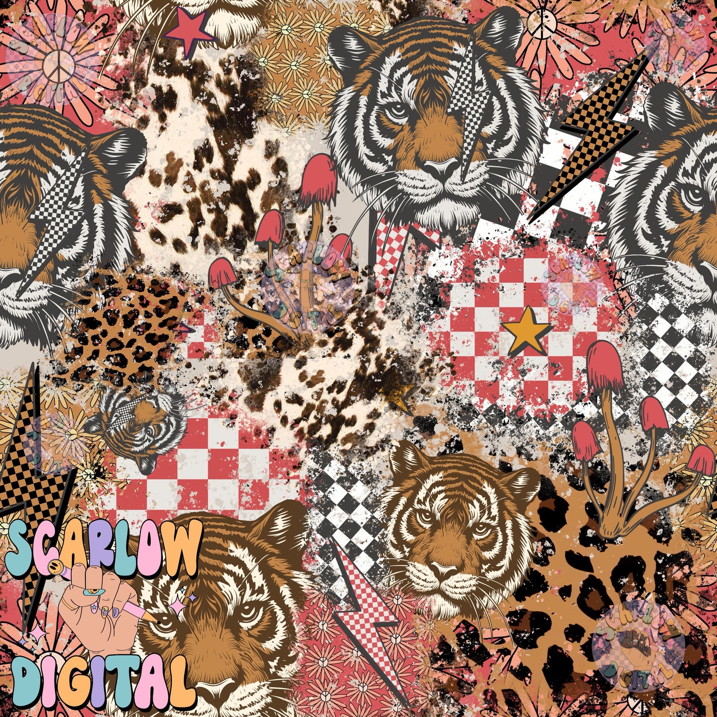 Patchwork Tiger Seamless Pattern Digital Design Download, checkers seamless pattern, grunge digital paper, rocker designs, edgy seamless