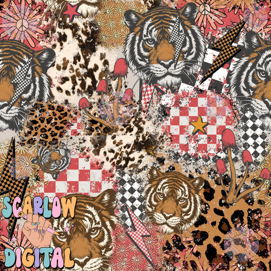 Patchwork Tiger Seamless Pattern Digital Design Download, checkers seamless pattern, grunge digital paper, rocker designs, edgy seamless