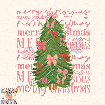 Merry Christmas PNG Digital Design, christmas bows png, christmas tree png, coquette christmas png, happy holidays png, trendy christmas png