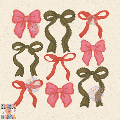 Christmas Bows PNG Digital Design Download, girly christmas png, coquette christmas png, traditional christmas png, xmas girl png designs