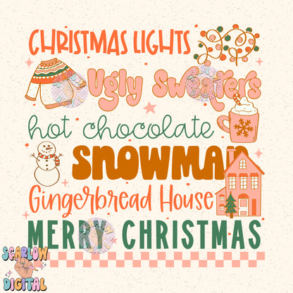 Christmas Things PNG Digital Design, christmas lights, snowman, merry christmas, trendy designs, gingerbread christmas, hot cocoa png design