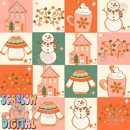 Christmas Checkers Seamless Pattern Digital Design, snowmen patterns, christmas patterns, christmas digital paper, winter seamless patterns