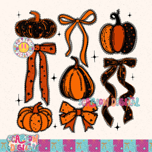 Pumpkins and Bows Seamless Pattern Digital Design - Can NOT be used at clipart - Only use as one, flat PNG image!