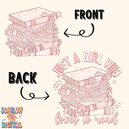 Just a Girl Who Loves to Read Front and Back PNG Digital Design