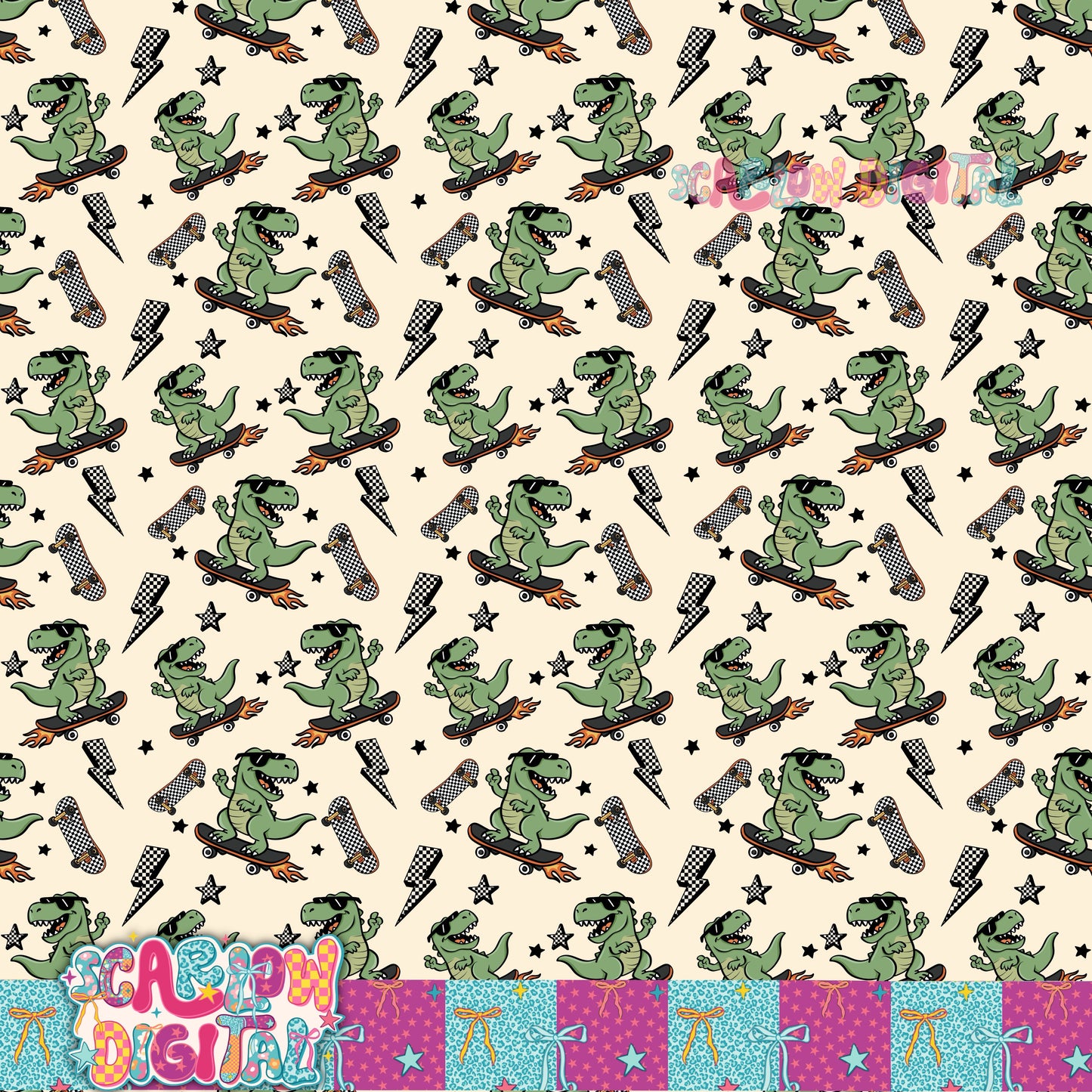 Skating Dinosaur Seamless Pattern Digital Design