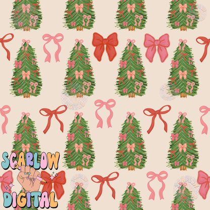 Christmas Tree and Bows Seamless Pattern Digital Design, coquette christmas patterns, christmas digital paper, christmas paper, bow patterns