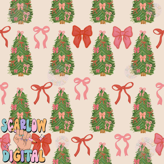 Christmas Tree and Bows Seamless Pattern Digital Design, coquette christmas patterns, christmas digital paper, christmas paper, bow patterns