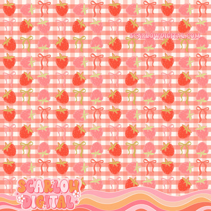 Strawberries and Bows with Plaid Seamless Pattern Digital Design