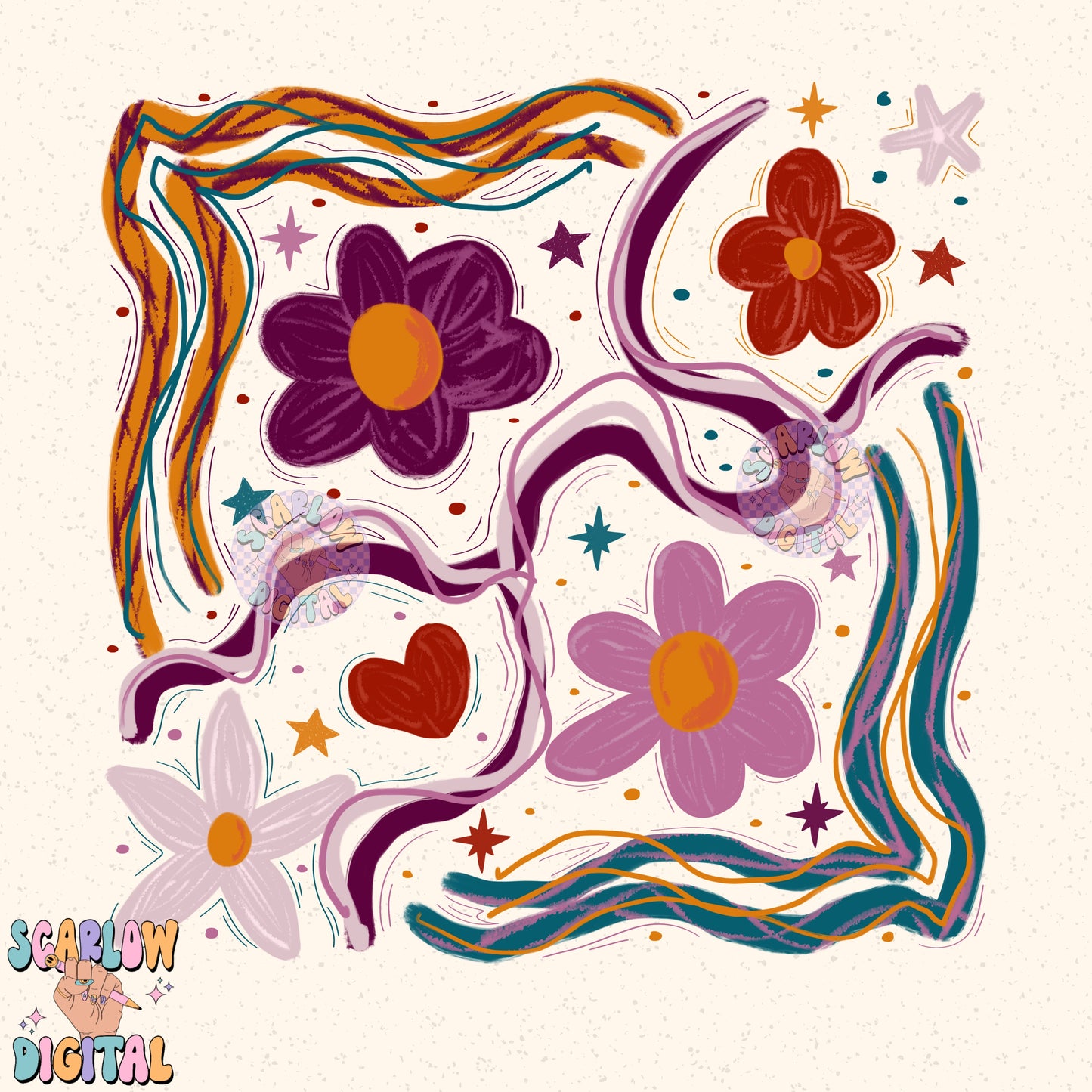 Boho Flowers PNG Digital Design, retro flower png, retro png designs, boho png, floral png, boho floral png, retro trendy png, abstract png