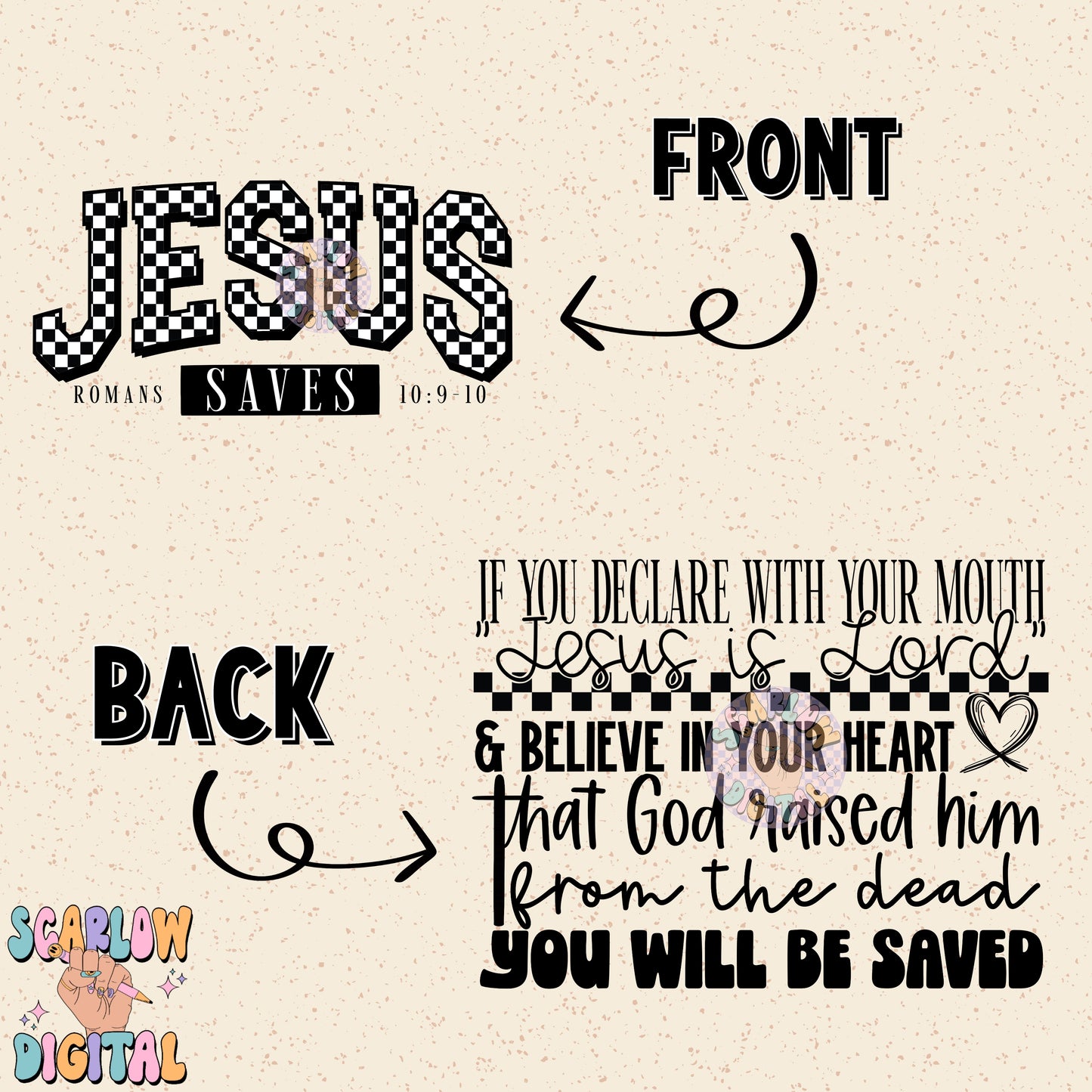 Jesus Saves Front and Back PNG Digital Design Download, amen png, romans png, christian png, prayer png, bible verse png, single color png