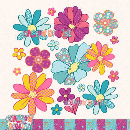 Retro Flowers PNG Digital Design