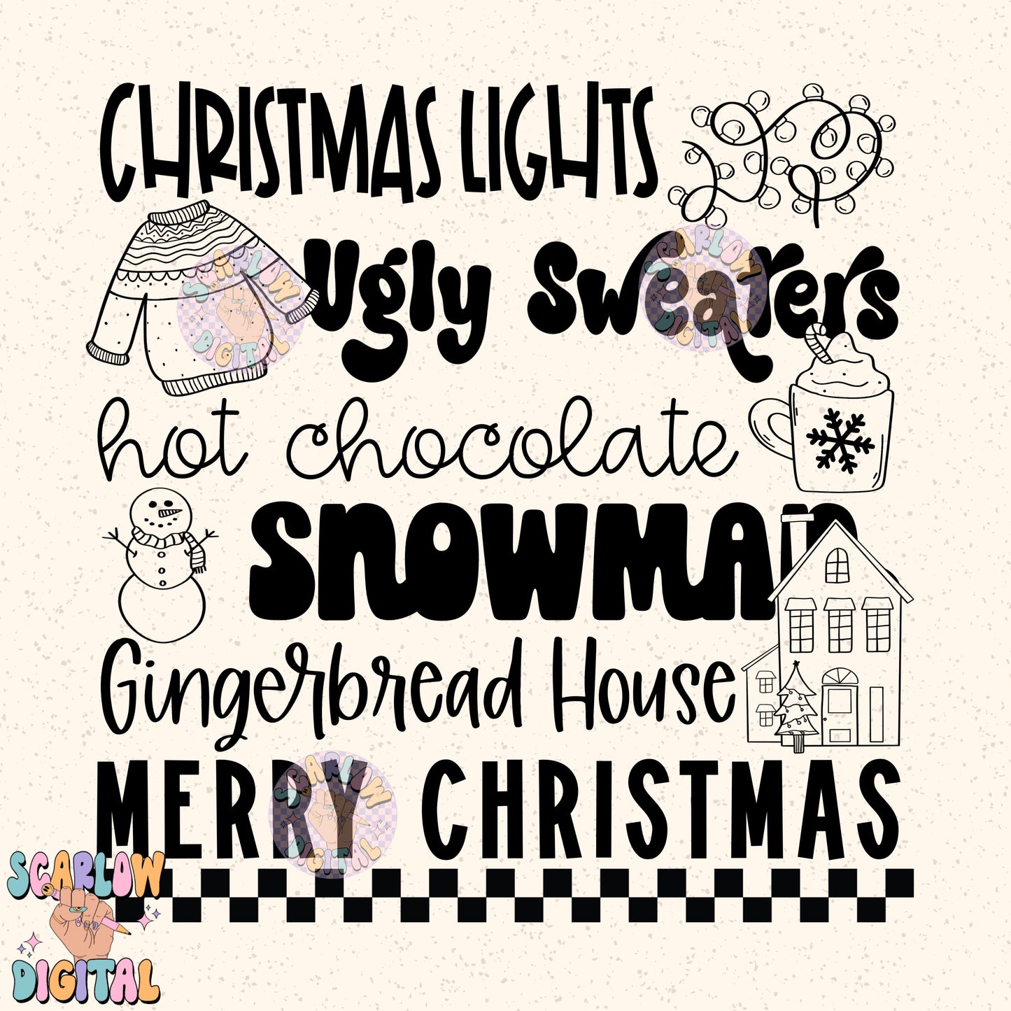 Christmas Things PNG Digital Design, christmas lights, snowman, merry christmas, trendy designs, single color christmas, hot cocoa png design