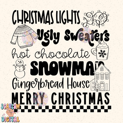 Christmas Things PNG Digital Design, christmas lights, snowman, merry christmas, trendy designs, single color christmas, hot cocoa png design