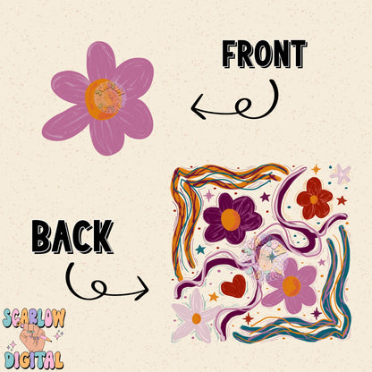 Boho Flowers Front and Back PNG Bundle Digital Design, retro flower png, retro png designs, boho png, floral png, boho floral png, retro trendy png, abstract png