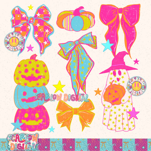 Neon Halloween Doodles PNG Digital Design