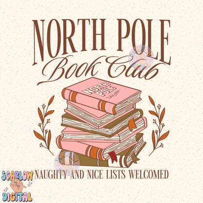 North Pole Book Club PNG Digital Design Download, christmas png, reading png, book lover png, trendy christmas designs, whimsical christmas