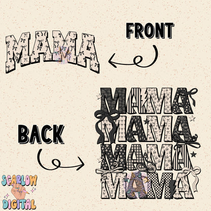 Coquette Varsity Mama Front and Back PNG Digital Design Bundle, coquette mama shirt design, mama png design, bows varsity font mama png, edgy mama bows png files