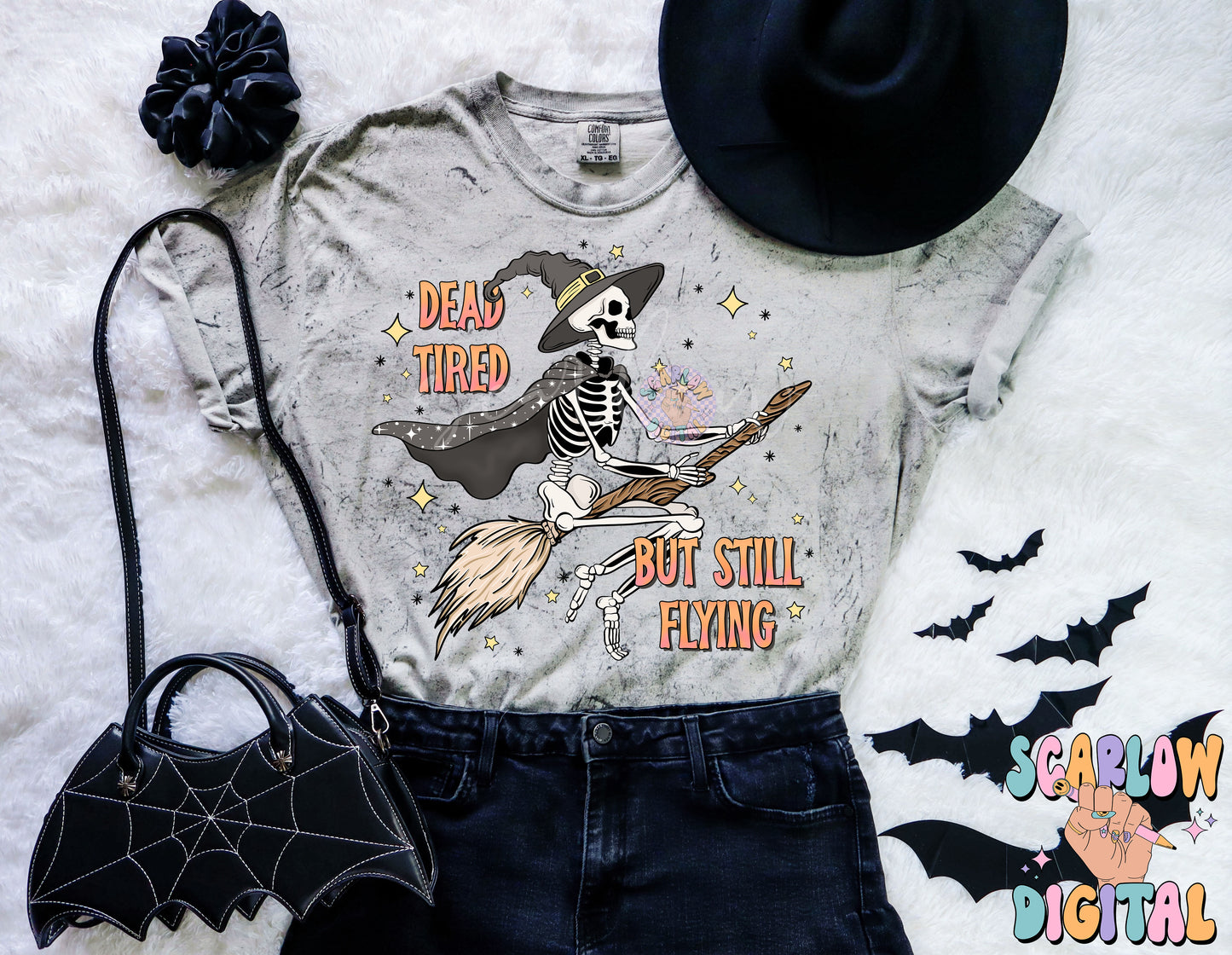 Dead Tired But Still Flying PNG Digital Design Download, Halloween png, skeleton png, funny png designs, adulting png, witchy png designs