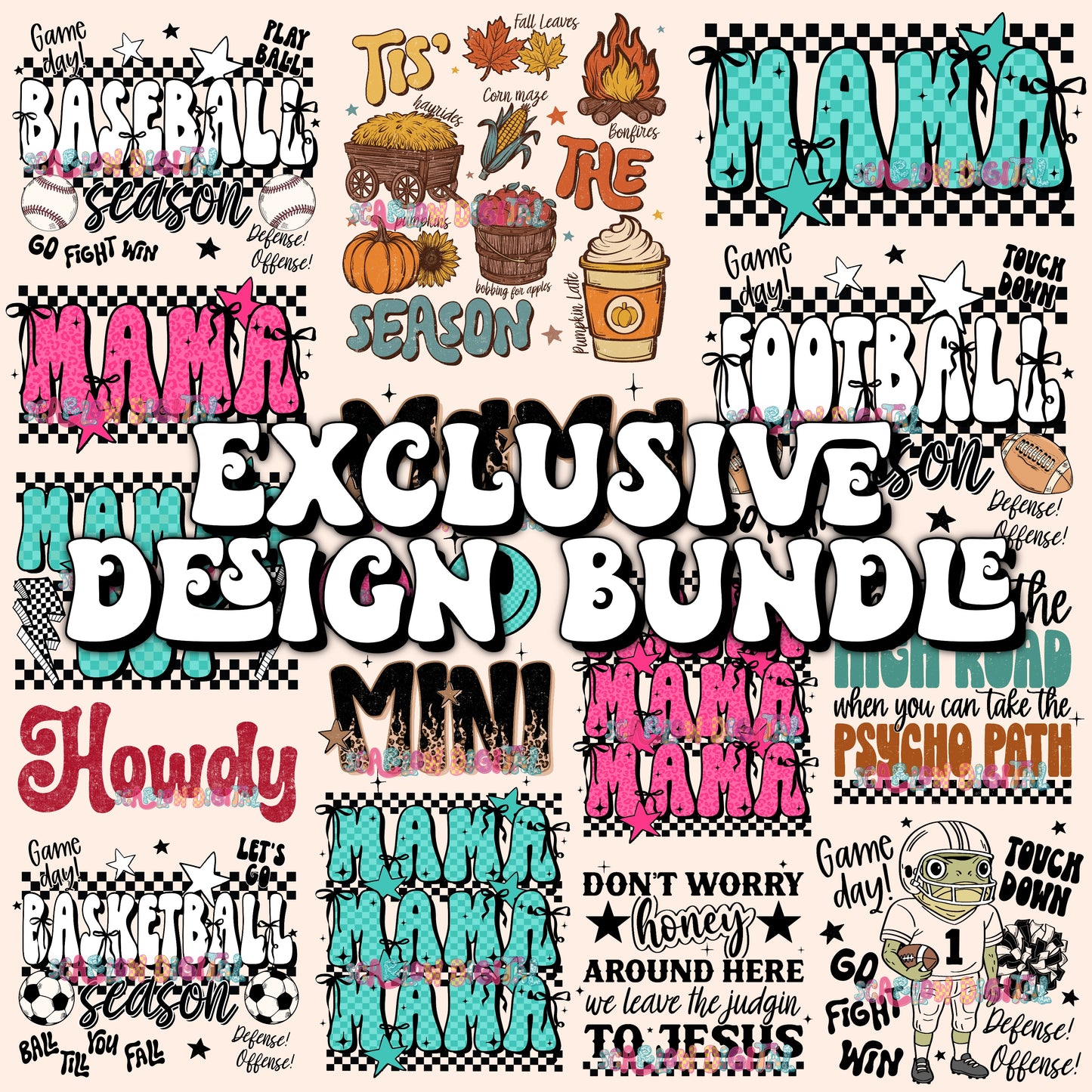 Exclusive Design Bundle - Includes 27 PNG Designs, 5 Alphas + Elements, and 9 Seamless Patterns