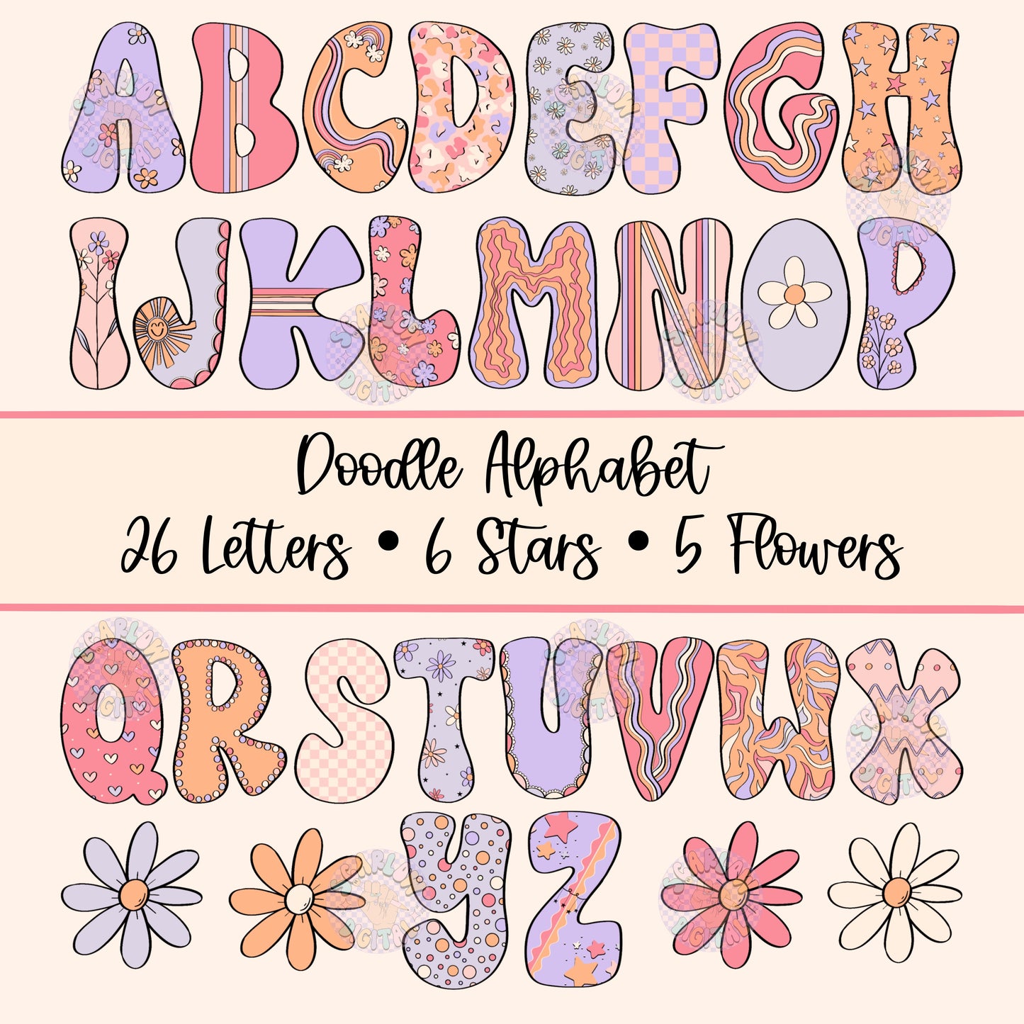 Doodle Alphabet PNG Digital Design Download, personalized png, add your own personalization png, flowers png, little girl png designs