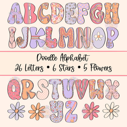 Doodle Alphabet PNG Digital Design Download, personalized png, add your own personalization png, flowers png, little girl png designs