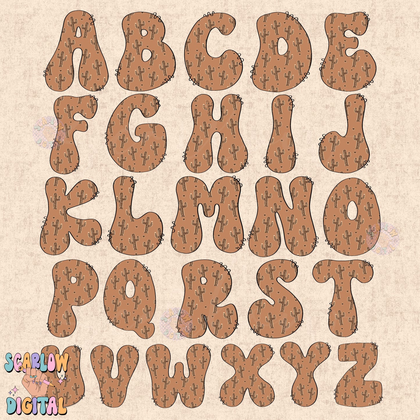 WEBSITE EXCLUSIVE: Western Alphabet Doodle Letters Digital Design Download, create-your-own design png, country boy designs, personalized boy png, southern png, cactus png