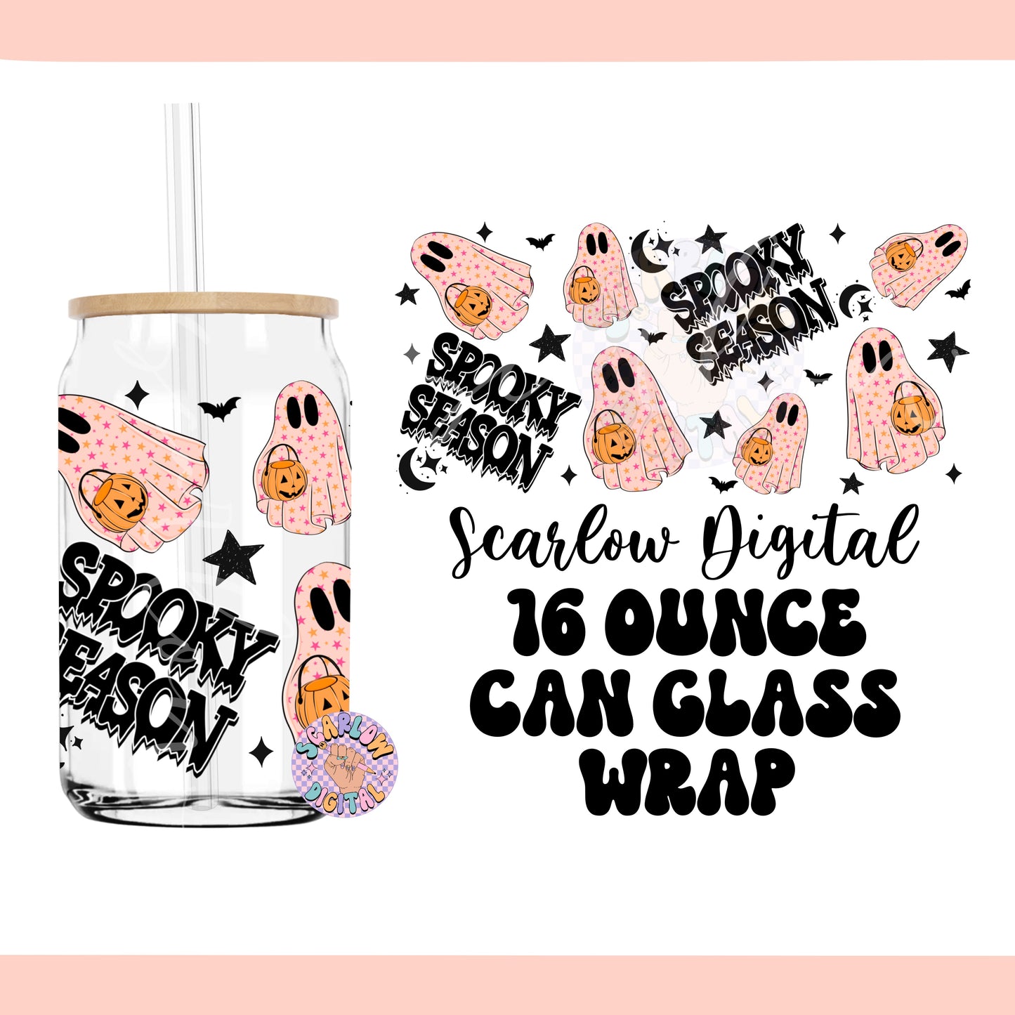 Ghost Glass Can Wrap PNG-Halloween 16 oz. Can Glass Sublimation Digital Design Download-spooky can glass png, fall cup wraps png designs