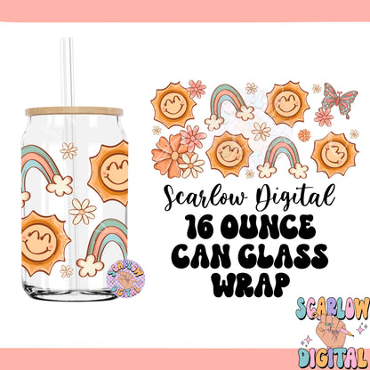 Sunshine Can Glass Wrap PNG Digital Design Download, boho rainbow can glass wrap, 16 ounce can glass wrap, flowers can glass wrap design