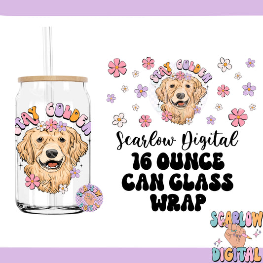 Stay Golden Can Glass Wrap PNG-Golden Retriever Sublimation Digital Design Download-dog mama can glass wrap, floral can glass wrap png