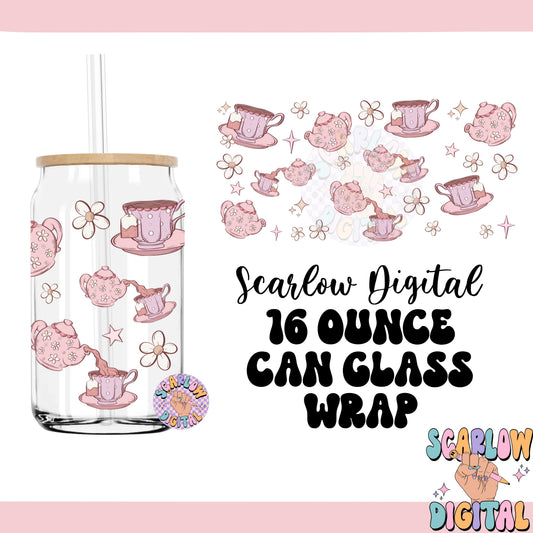 Tea Party 16 Ounce Can Glass Cup Wrap PNG Digital Design Download, tea cup cup wrap, coquette cup wrap, vintage cup wrap, flowers cup wrap