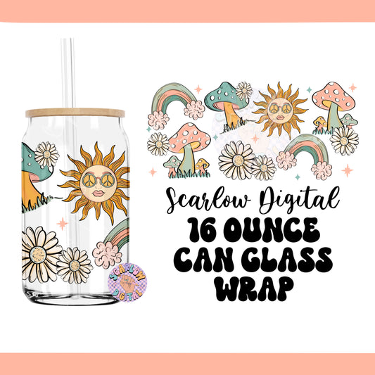 Groovy 16 Ounce Can Glass Wrap PNG, sunshine can glass png, rainbow can glass png design, daisy can glass wrap, mushroom can glass png