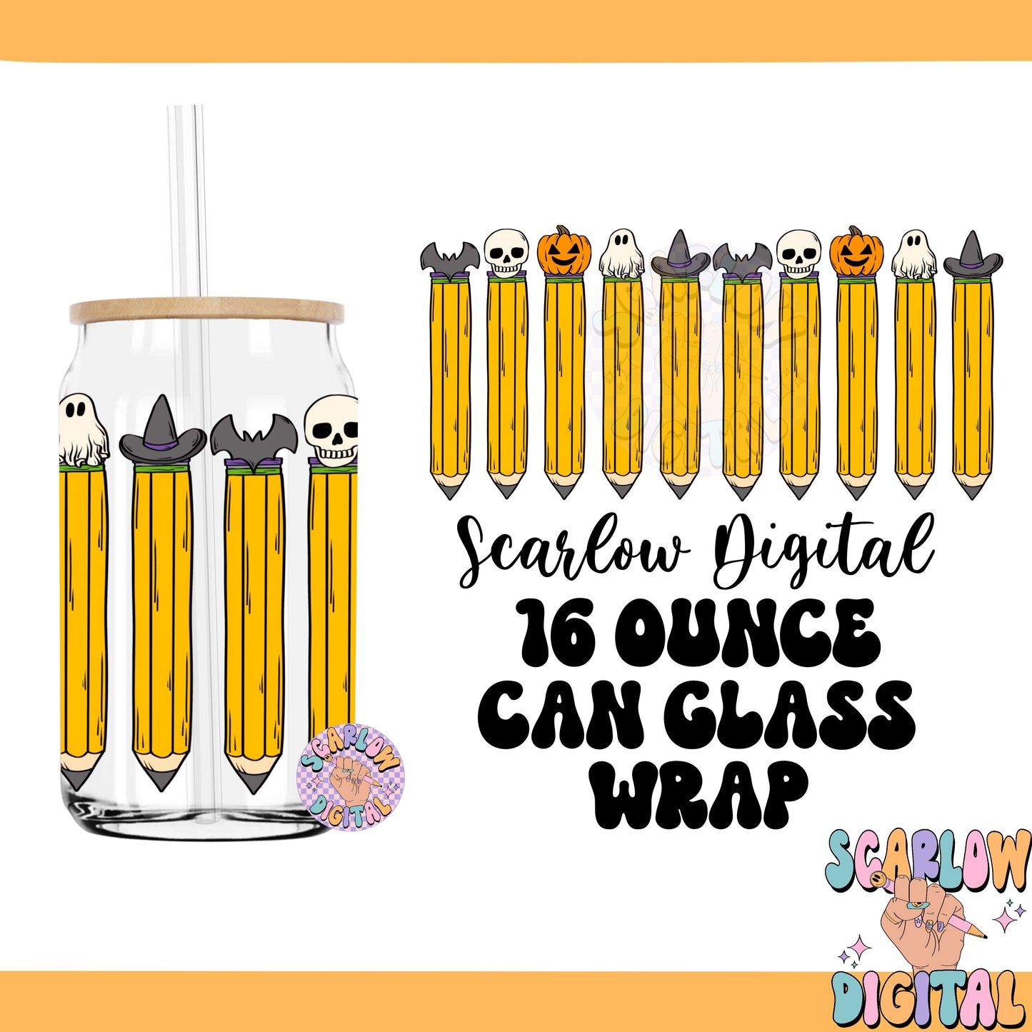 Spooky Pencils 16 Ounce Glass Can Wraps PNG Digital Design Download, bats png, skull png, pumpkin png, halloween pencils can glass wrap png