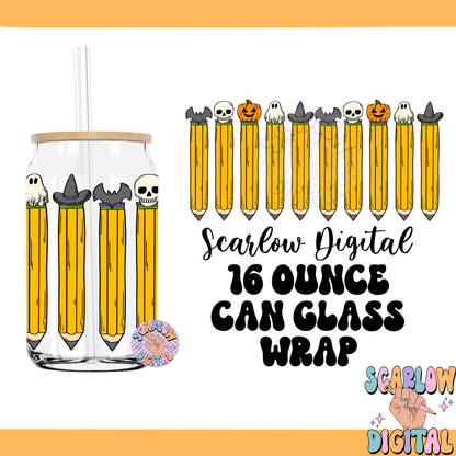 Spooky Pencils 16 Ounce Glass Can Wraps PNG Digital Design Download, bats png, skull png, pumpkin png, halloween pencils can glass wrap png