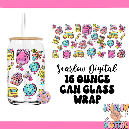 Back to School 16 Ounce Can Glass Wrap PNG Digital Design Download, crayons can glass wrap, flowers glass wrap, teacher can glass wraps png