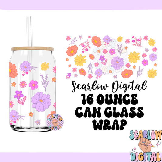 Flowers 16 Ounce Can Glass Wrap PNG Digital Design Download, spring flowers cup wrap png, daisy cup wrap png, girly can glass wrap png