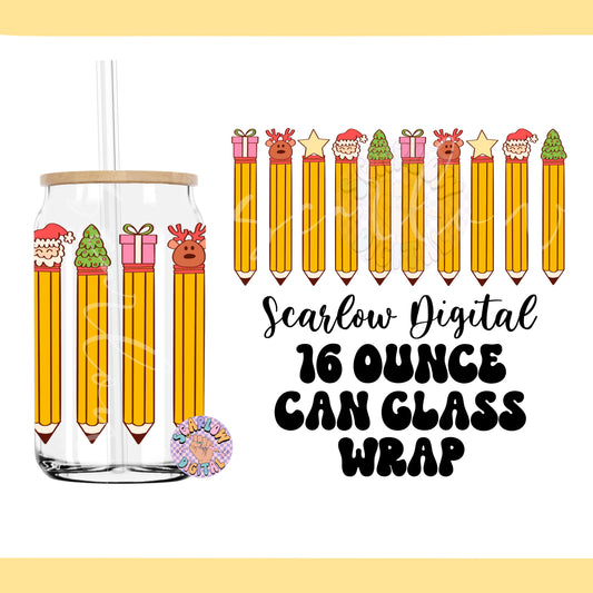 Christmas Pencil Erasers Can Glass Wrap PNG, 16 Ounce can glass designs, teacher can glass png, teacher gift ideas, teacher christmas png