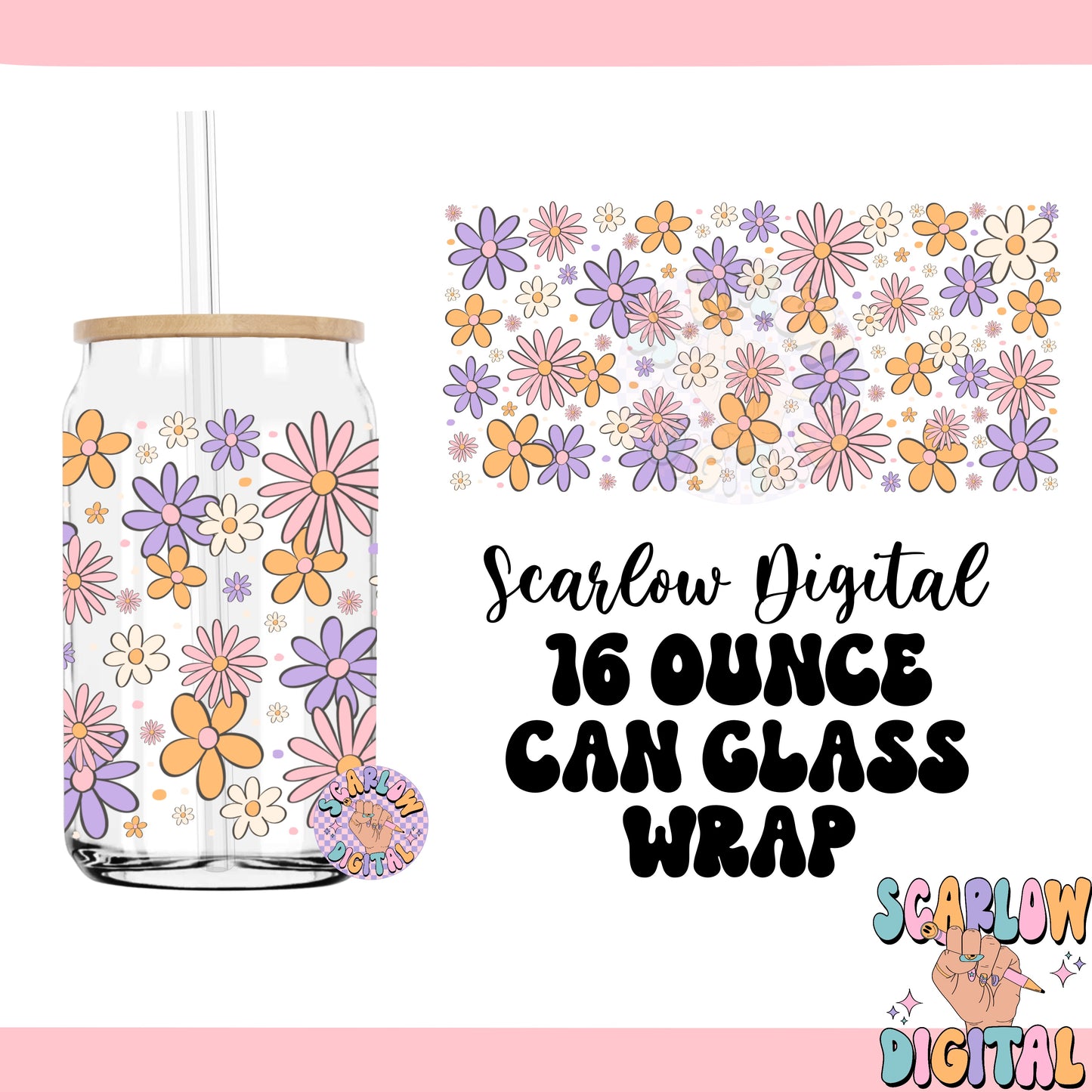 Groovy Flowers 16 Ounce Can Glass Cup Wrap PNG Digital Design Download, floral cup wrap, hippie cup wrap, daisies cup wraps, groovy png