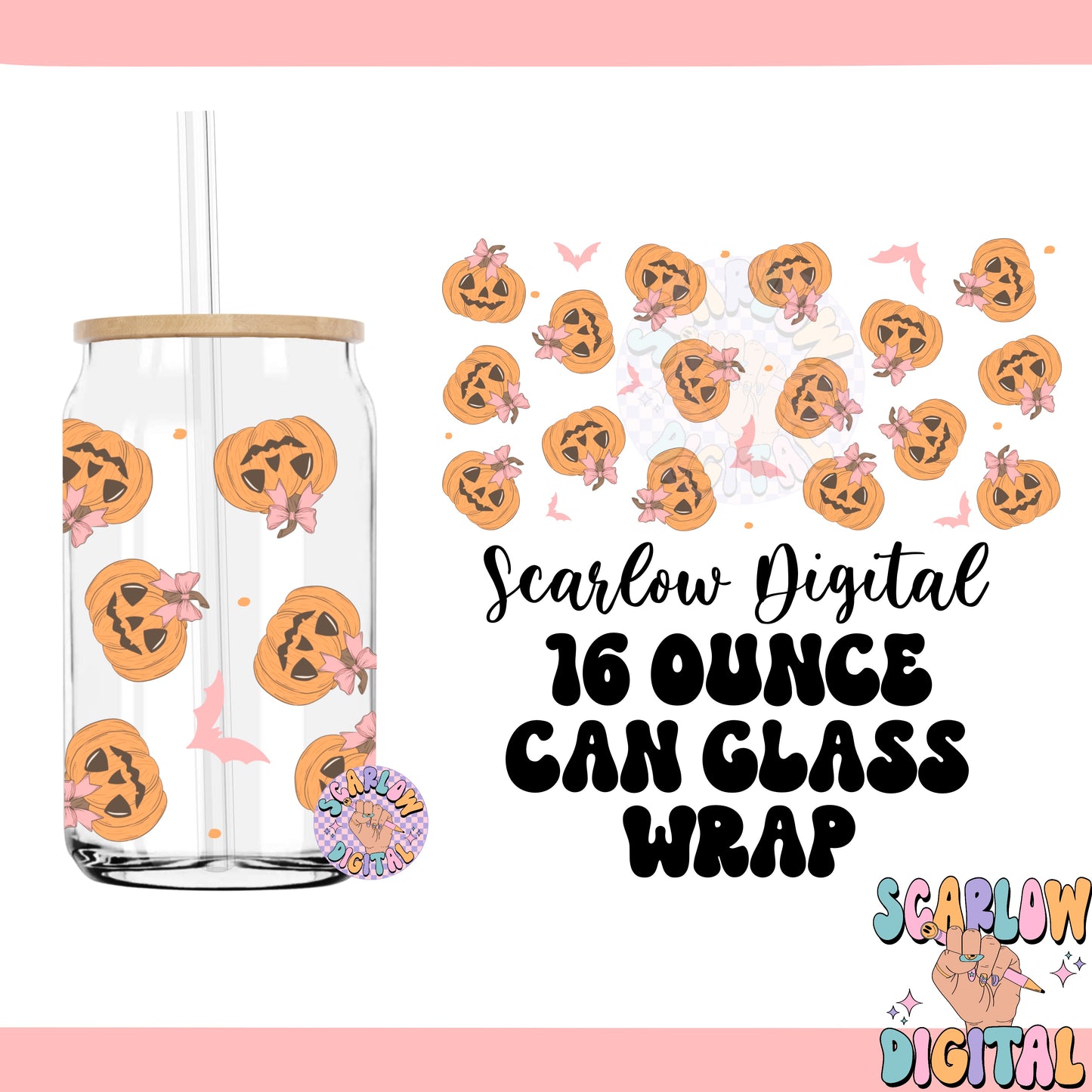 Jack O' Lanterns with Bows Can Glass Wrap PNG Digital Design Download, pumpkins can glass wrap png, Halloween cup wrap png, coquette png