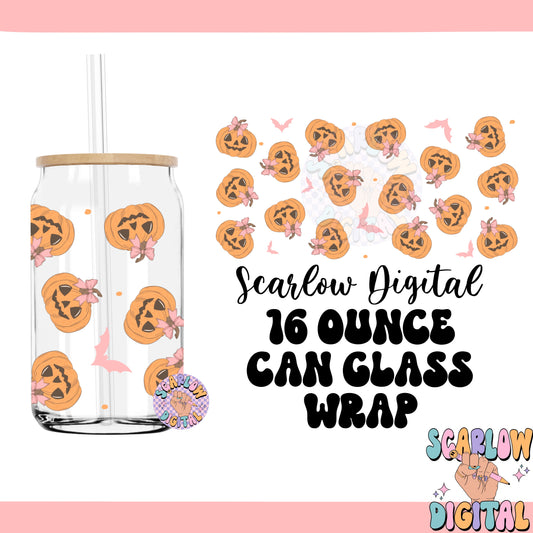 Jack O' Lanterns with Bows Can Glass Wrap PNG Digital Design Download, pumpkins can glass wrap png, Halloween cup wrap png, coquette png