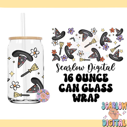 Witch Hat 16 Oz Can Glass Wrap PNG Digital Design Download, flowers cup wrap png, halloween cup wrap png, witchcraft broom cup wrap png