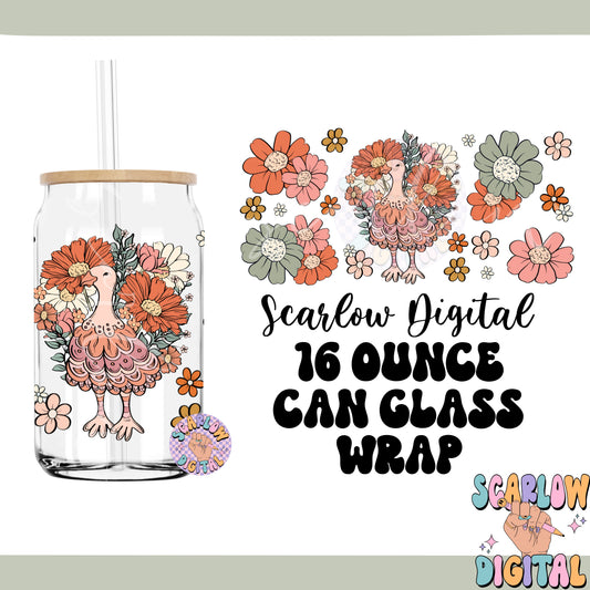 Floral Turkey Can Glass Wrap PNG-Thanksgiving Sublimation Digital Design Download-floral can glass wrap png, thankful can glass png design