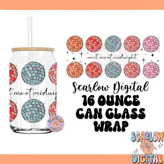 Meet Me at Midnight 16 Ounce Can Glass Wrap PNG-New Years Digital Design Download, disco can glass wrap, colorful glass can wrap png, cup wraps png