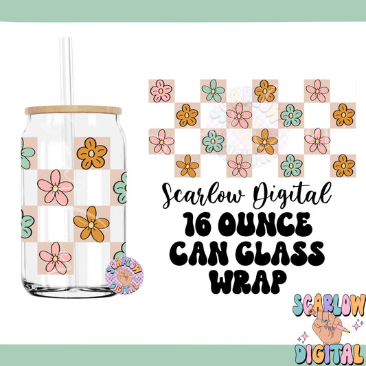 Checkered Floral 16 Ounce Can Glass Wrap PNG Digital Design Download-flowers can glass wrap png, digital cup wrap png, girly can glass png