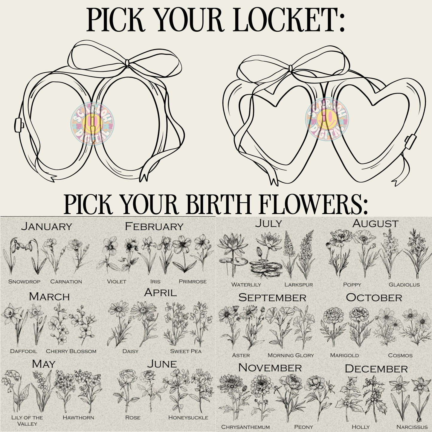 Custom Locket + Birth Flower Designs